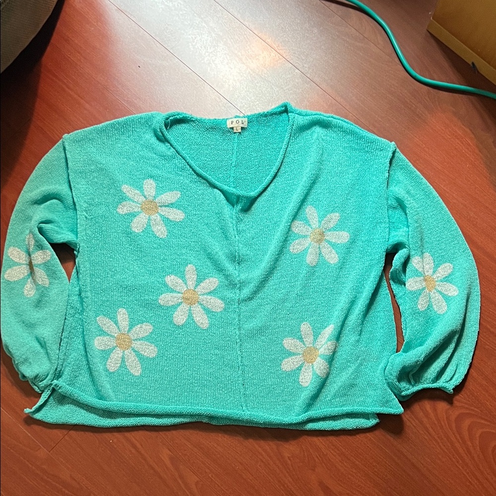 POL Turquoise daisy Floral V-Neck over sized Sweater size L - Picture 1 of 8